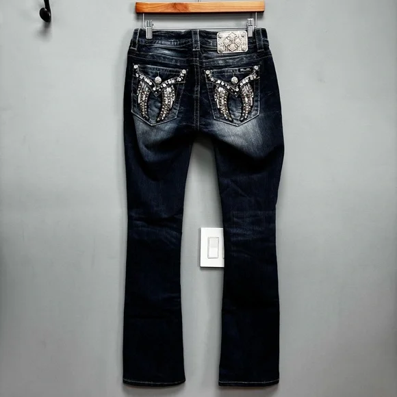 Miss Me Rhinestone Embellished Wing Jeans Slim Boot Cut in Dark Wash 28 - Picture 3 of 11